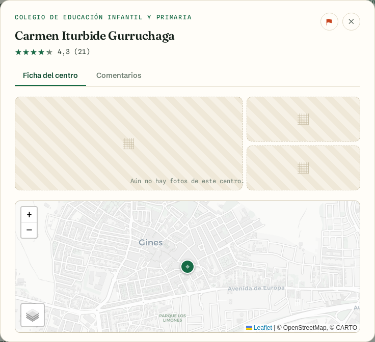 Ficha de un centro docente en Mi Destino Docente con sus datos, valoración y ubicación