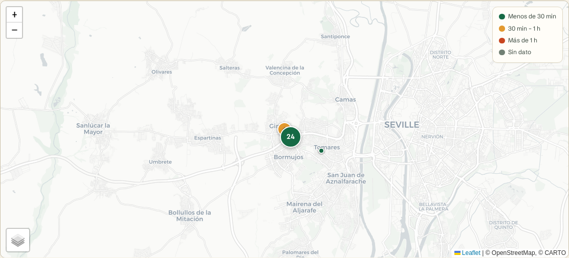 Vista de mapa de Mi Destino Docente con los centros docentes de Andalucía como marcadores