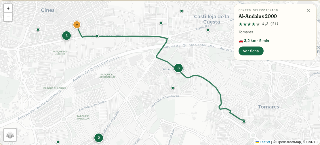 Mapa de Mi Destino Docente mostrando el recorrido por carretera desde el domicilio hasta un centro docente